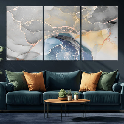 -Abstract Fluid Art Wall Decor – Blue, Gray & Gold Canvas Print, Modern Home and Office Wall Art Decor for Living Room, Bedroom or Workspace