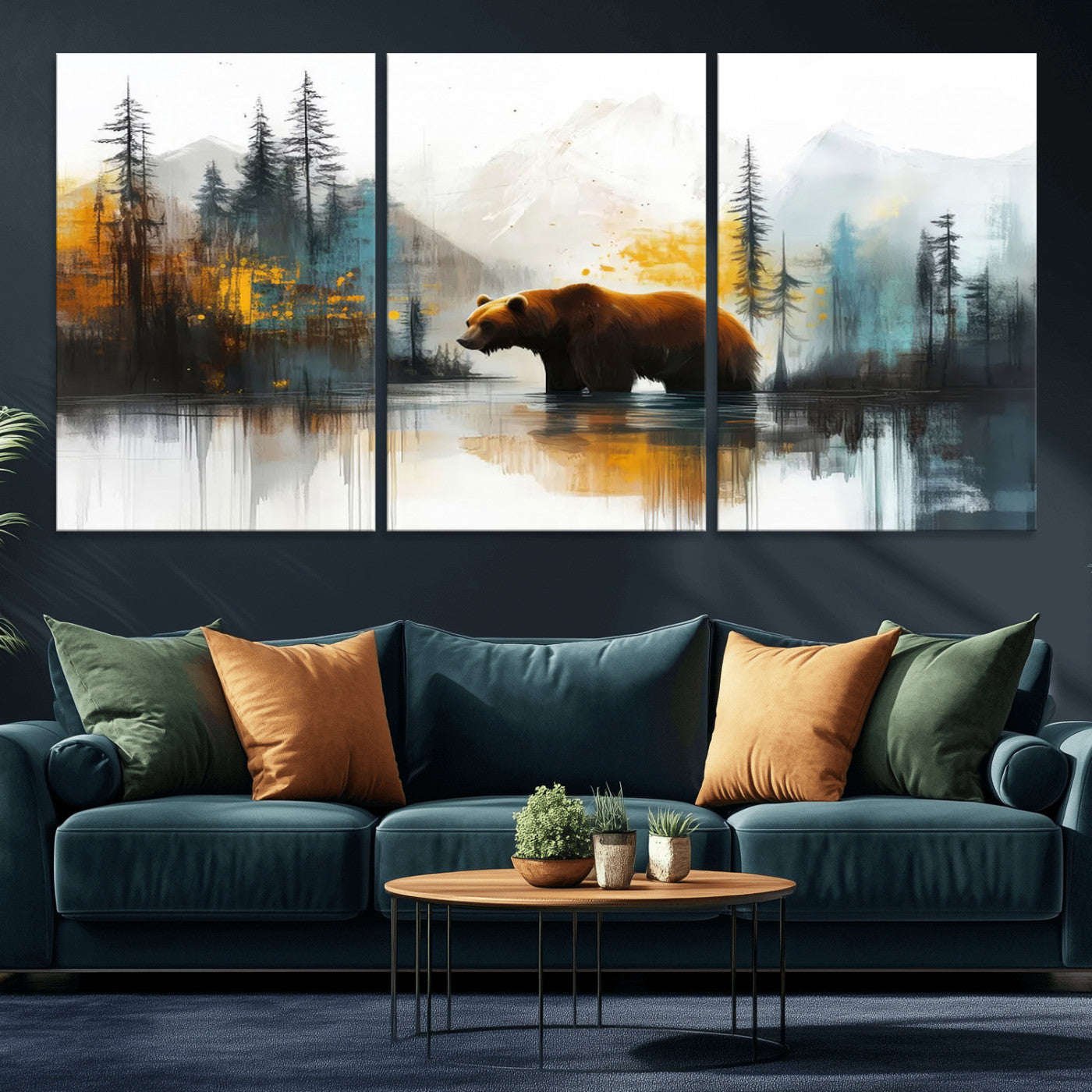 A majestic bear stands by the serene waters of a misty forest, surrounded by towering trees and distant mountains, evoking the raw beauty and wild spirit of nature.