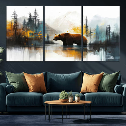 A majestic bear stands by the serene waters of a misty forest, surrounded by towering trees and distant mountains, evoking the raw beauty and wild spirit of nature.