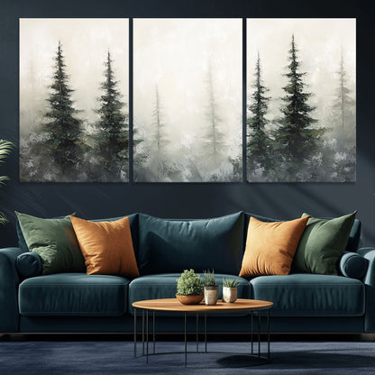 Soft and misty pine forest painting in neutral earthy tones, ideal for calm woodland or minimalist rustic home decor.
