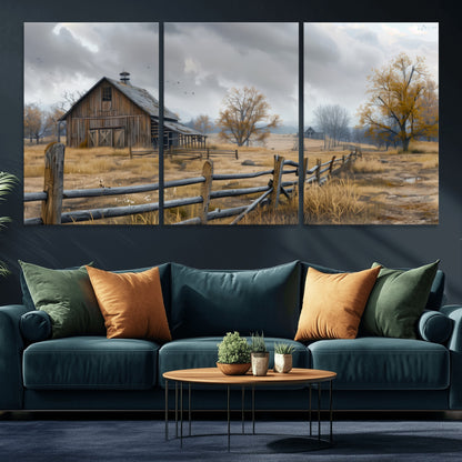A tranquil rural scene featuring a rustic barn, overcast skies, and golden fields with scattered trees, evoking a sense of peaceful solitude in nature.
