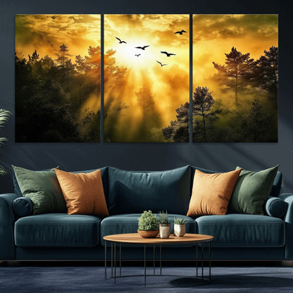 Canvas of a golden forest at sunset with birds flying through glowing sunbeams and silhouetted pine trees, ideal for warm-toned rustic decor.