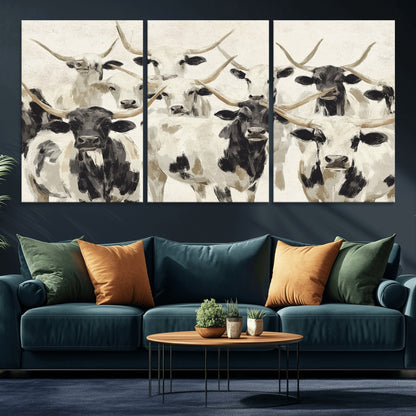 Canvas of a Texas Longhorn cattle herd in neutral black and white tones, ideal for rustic farmhouse or western-themed decor.