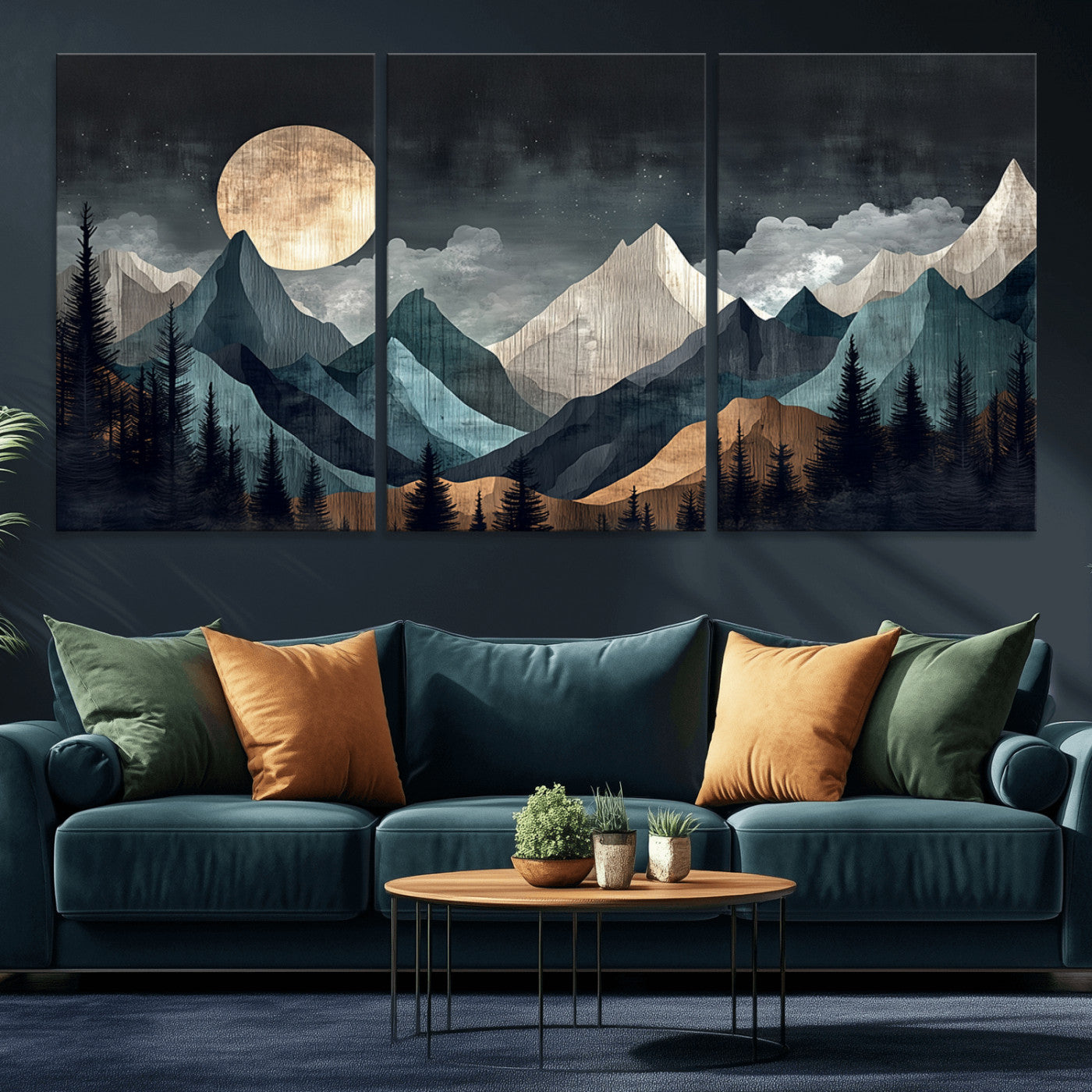 Stylized canvas of layered mountains under a full moon in neutral moody tones, ideal for nature-inspired or modern rustic interiors.