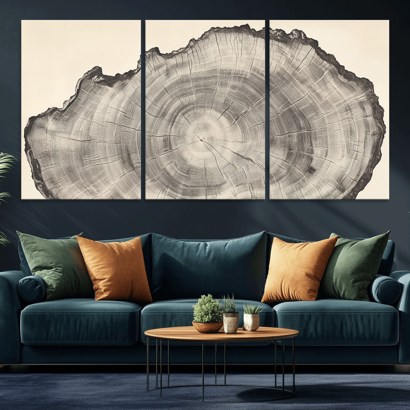 Detailed tree ring drawing in monochrome tones, ideal for rustic or nature-inspired interiors with a minimal decor aesthetic.