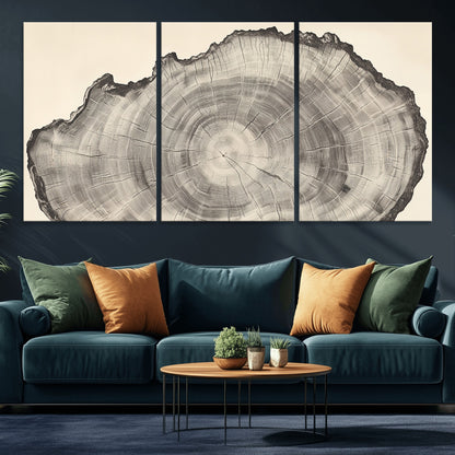 Detailed tree ring drawing in monochrome tones, ideal for rustic or nature-inspired interiors with a minimal decor aesthetic.