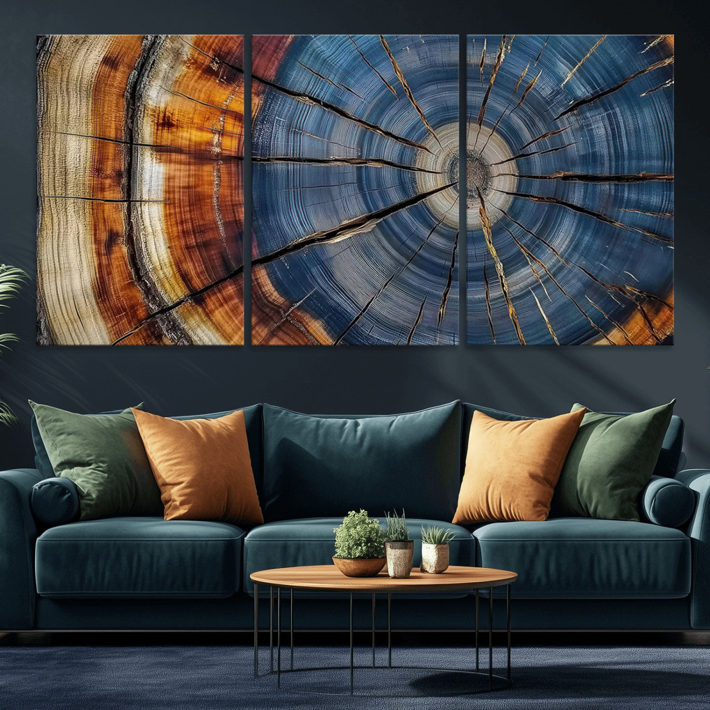 A stunning close-up view of a tree trunk, showcasing the intricate growth rings in a vibrant mix of warm browns, cool blues, and hints of natural texture.