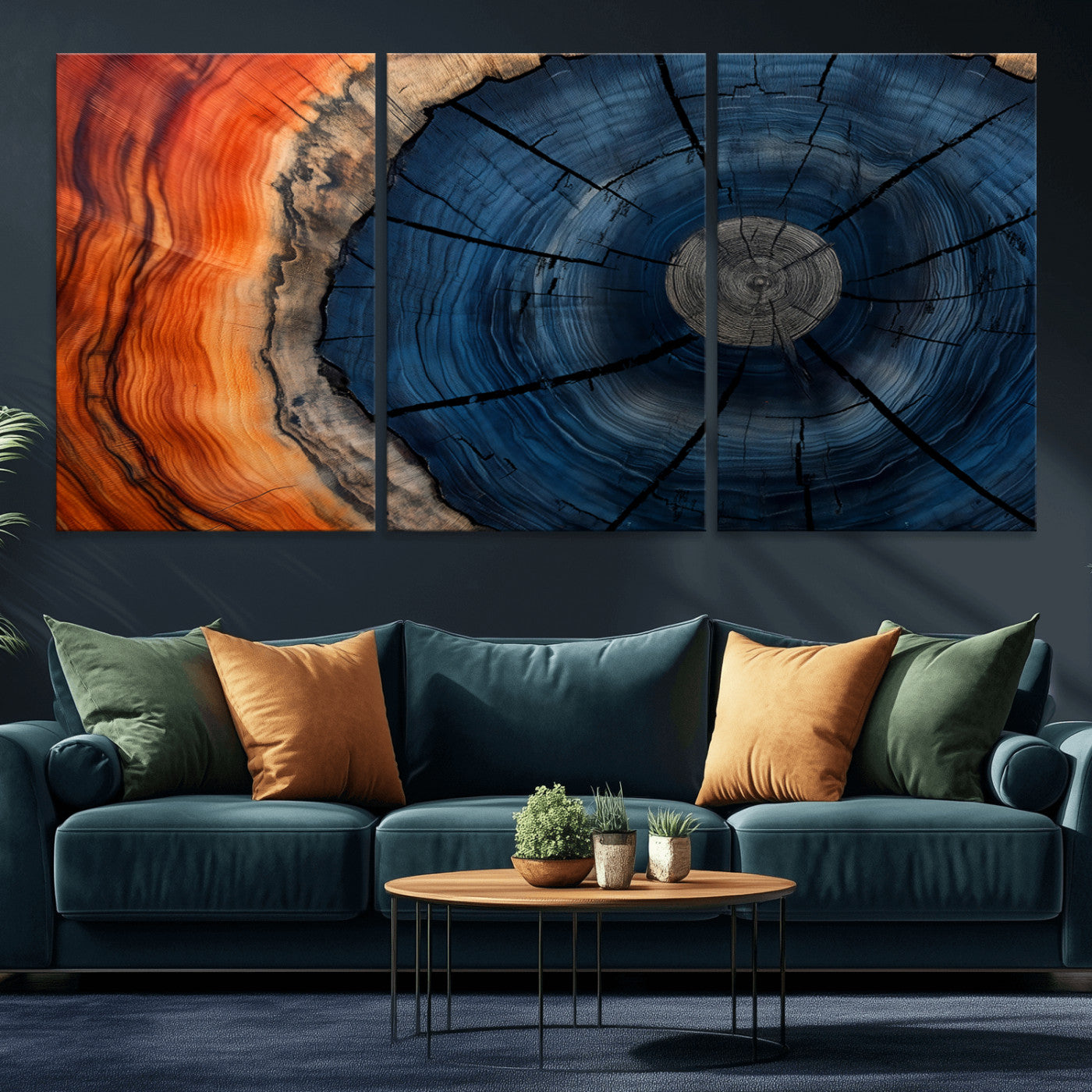 A captivating close-up of a tree trunk, showcasing its concentric rings in rich shades of blue, orange, and brown, highlighting the organic patterns of natural wood.