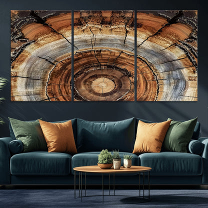 Canvas of tree rings and natural wood grain in earthy tones, ideal for rustic or vintage-inspired home decor with organic textures.