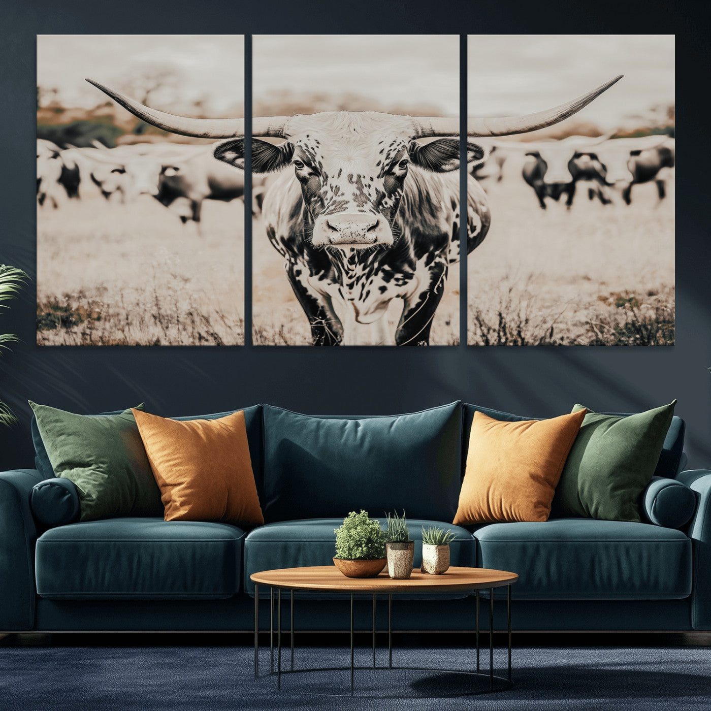 Canvas of a speckled Texas longhorn standing boldly in a field with a herd behind, perfect for rustic western or farmhouse wall decor.