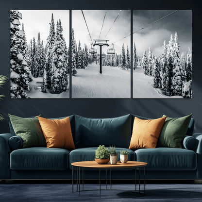 Canvas of a snowy ski lift scene through a forest of tall pine trees, ideal for moody winter or alpine-themed home decor.
