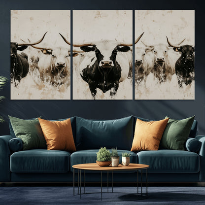 Illustrated herd of longhorn cattle in black and white tones with a neutral textured background, perfect for rustic or farmhouse-style decor.