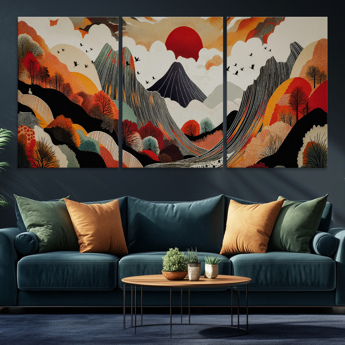 Abstract Mountain Wall Art Canvas Print, Vibrant Landscape Print, Framed Stylized Nature Drawing Art Print, Large Sunset Mountains Printing Perfect for Contemporary Minimalist Decor