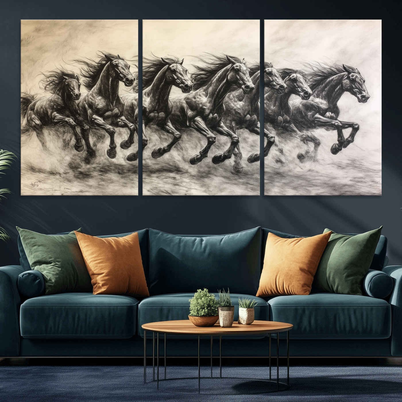 Monochrome drawing of a herd of galloping horses, perfect for dynamic and wild-themed decor in any equestrian or nature-inspired room.