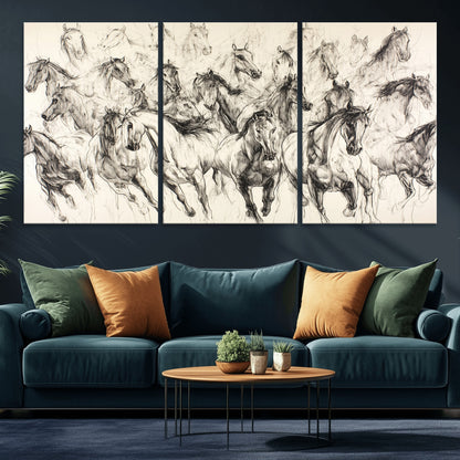 Monochrome ink sketch of galloping horses in dynamic motion, perfect for western or equine-themed wall decor with bold artistic energy.