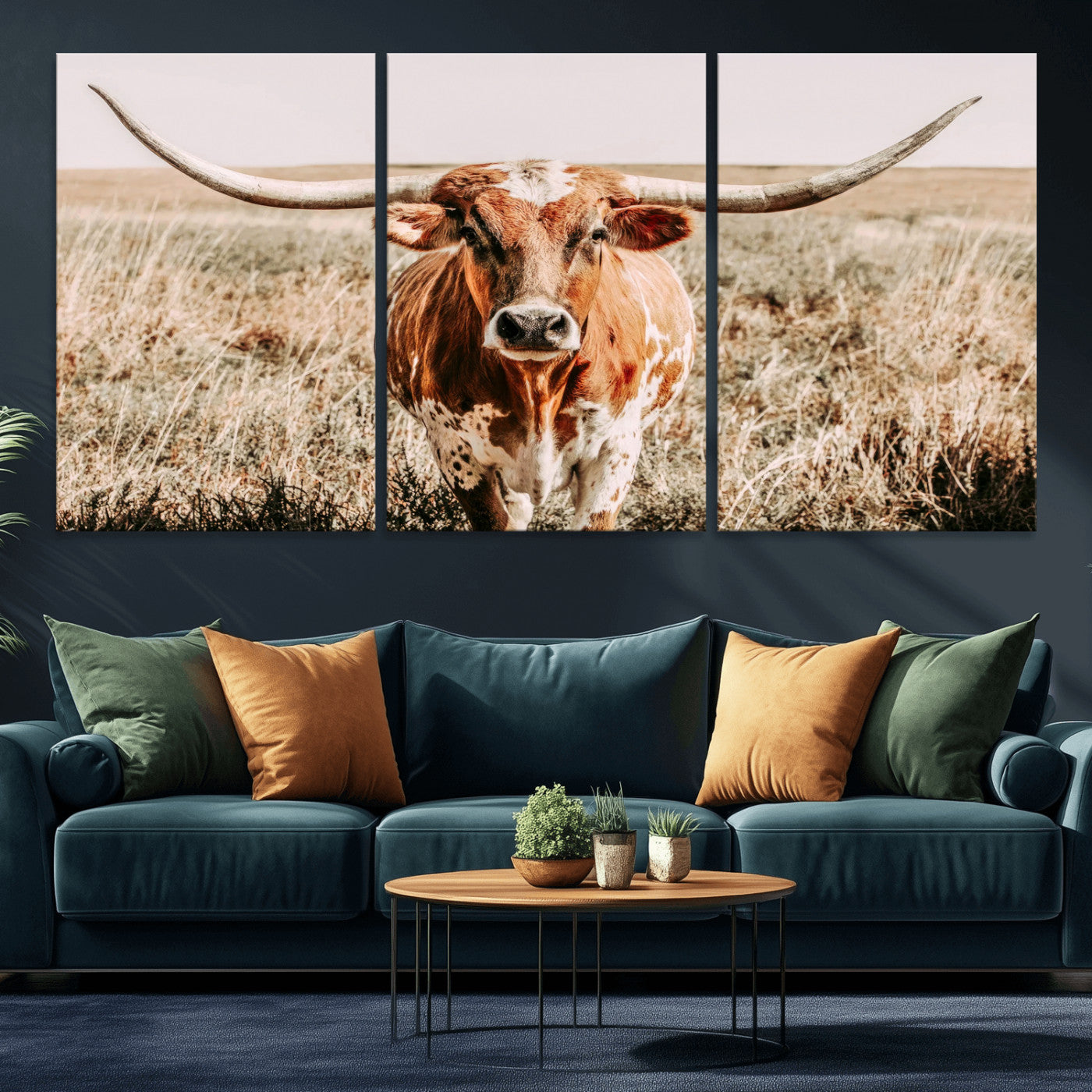 Framed longhorn cow canvas wall art with rustic prairie background, western animal print perfect for farmhouse or ranch style decor