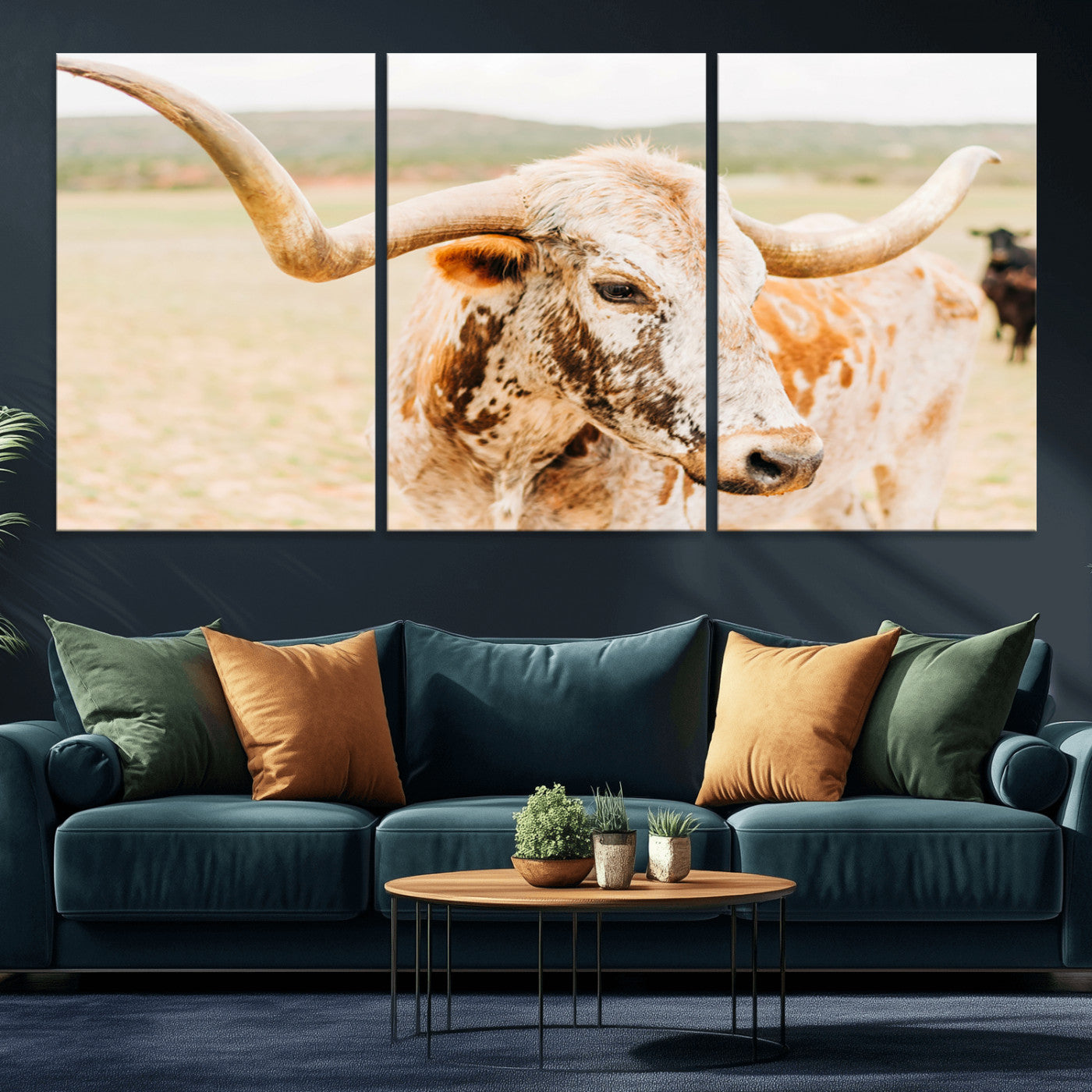Close-up of a speckled Texas Longhorn in warm prairie tones, perfect for rustic western or countryside-themed room decor.