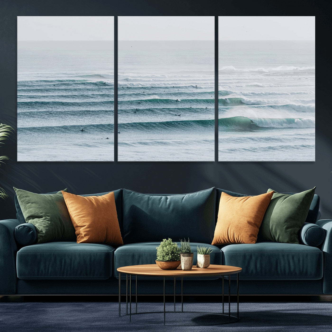 High-angle view of surfers lining up across layered ocean waves, ideal for minimal coastal or surf-inspired room decor.