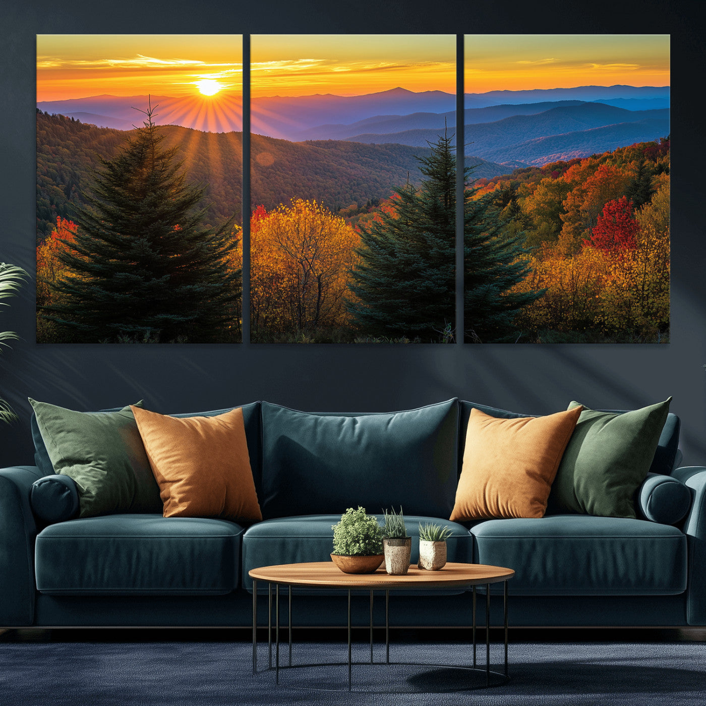 Vibrant sunset over autumn mountains with colorful trees and warm light, ideal for nature lovers or cabin-style wall decor.