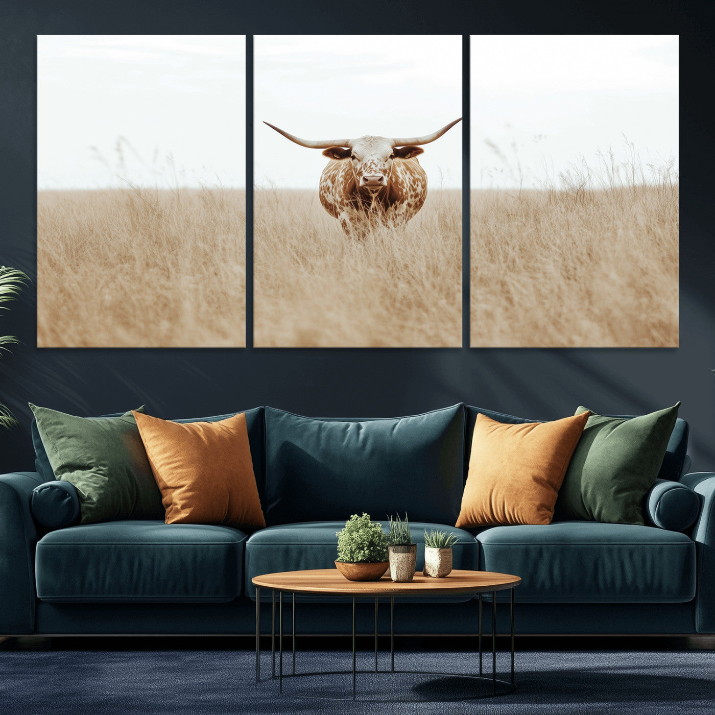 Texas Longhorn bull standing alone in dry grass with neutral tones, ideal for rustic western or cowboy-themed wall decor.