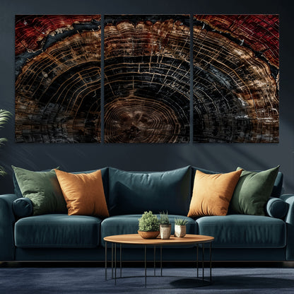 Dark Wood Wall Art Print - Petrified Tree Canvas Print, featuring an intricate tree ring pattern with deep earthy tones and organic textures, perfect for rustic and nature-inspired decor.