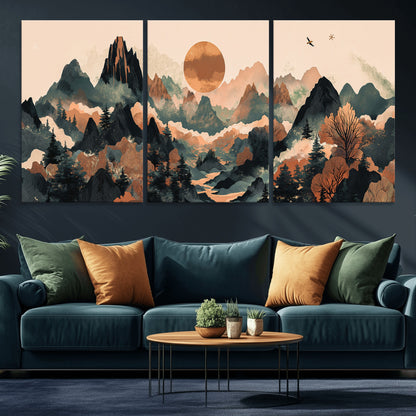 Mountain Landscape Wall Art Print - Sunset Hills Canvas Print, featuring an abstract nature scene with earthy tones and misty peaks, perfect for boho and modern decor.