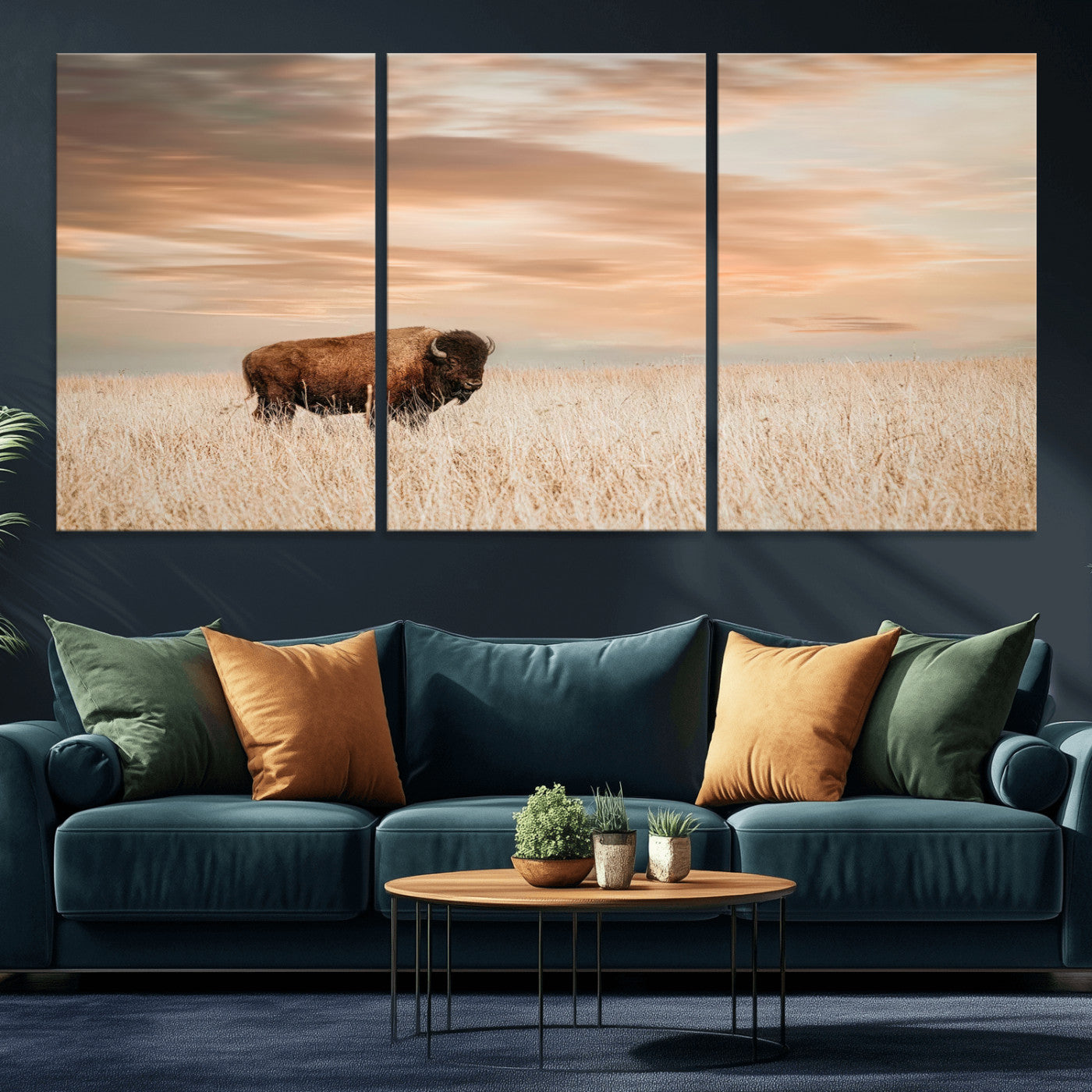 Bison Wall Art Print - Buffalo Canvas Print, featuring a lone bison in a golden prairie under a warm sunset sky, perfect for rustic and farmhouse decor.