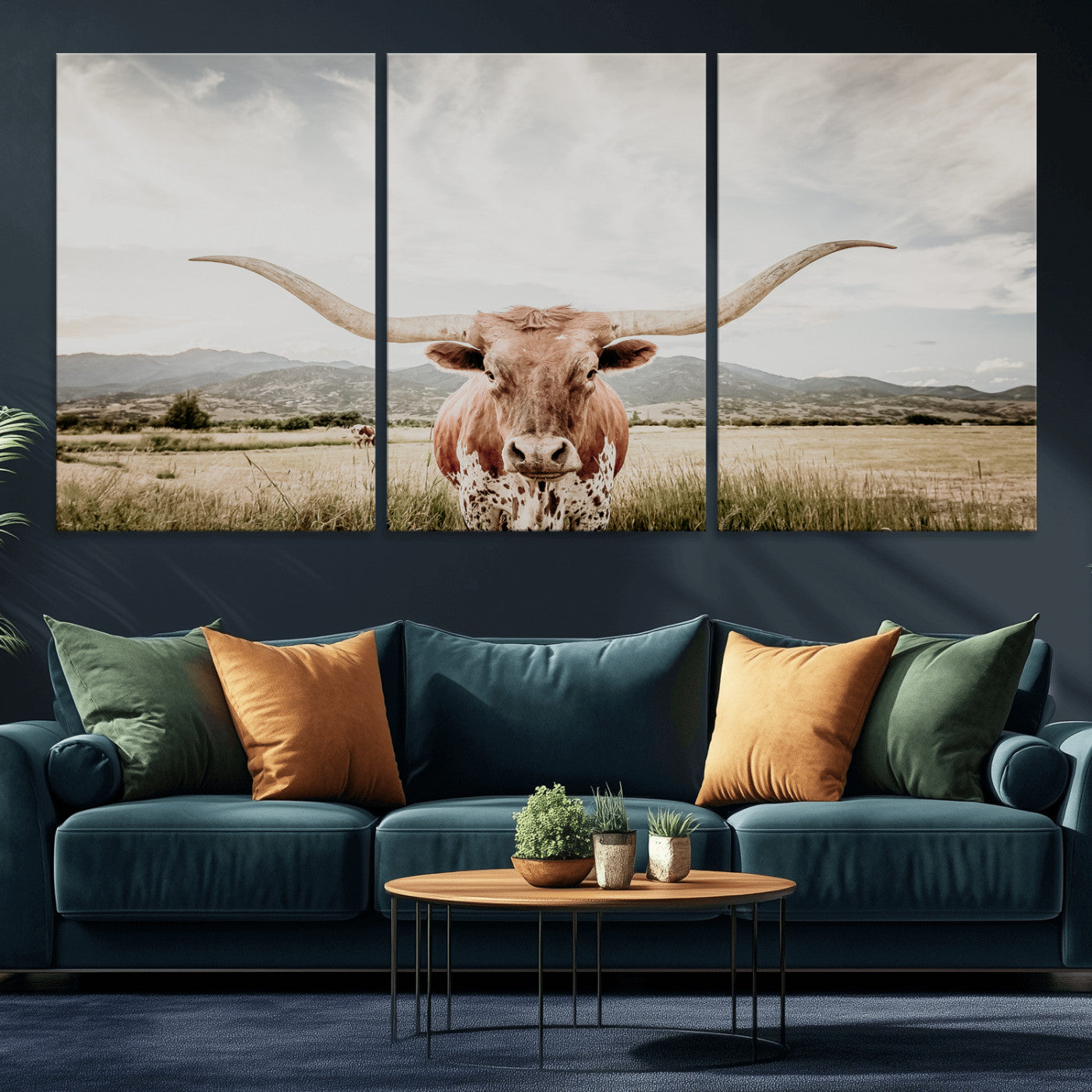Longhorn Wall Art Print - Western Cow Canvas Print, featuring a majestic Texas longhorn in a rustic prairie setting, perfect for farmhouse and western decor.