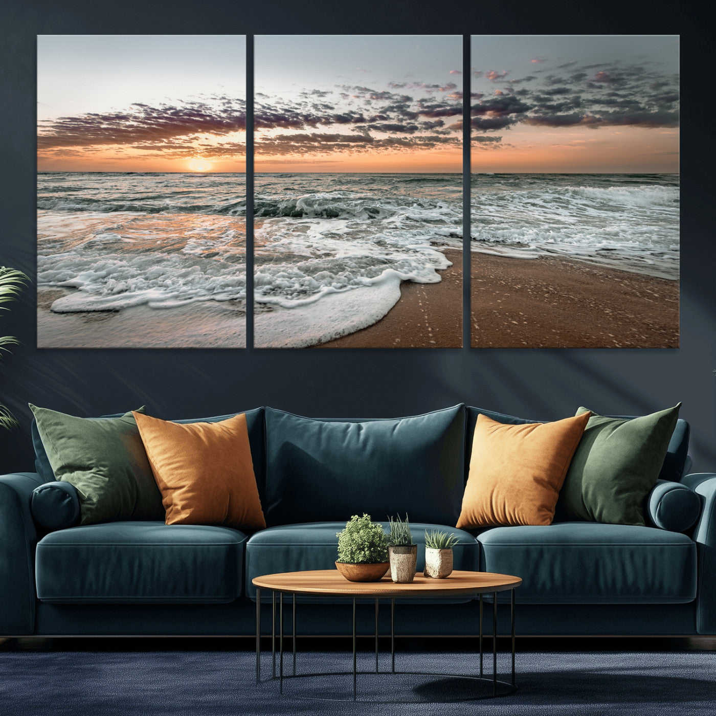 Ocean Sunset Wall Art Print - Beach Waves Canvas Print, featuring a serene seascape with golden sunlight reflecting on gentle waves, perfect for coastal and minimalist decor.