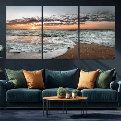 Ocean Sunset Wall Art Print - Beach Waves Canvas Print, featuring a serene seascape with golden sunlight reflecting on gentle waves, perfect for coastal and minimalist decor.