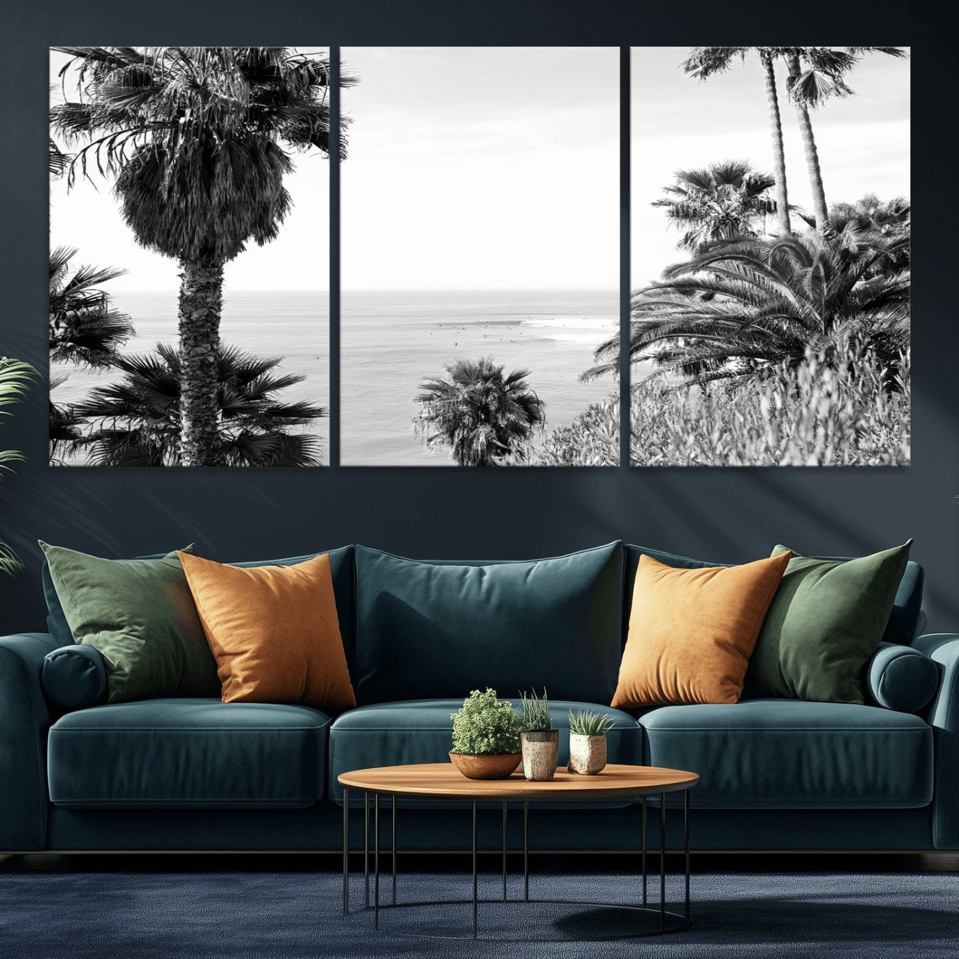 Monochrome canvas of palm trees framing a coastal surf scene, perfect for California-inspired or retro black-and-white beach decor.