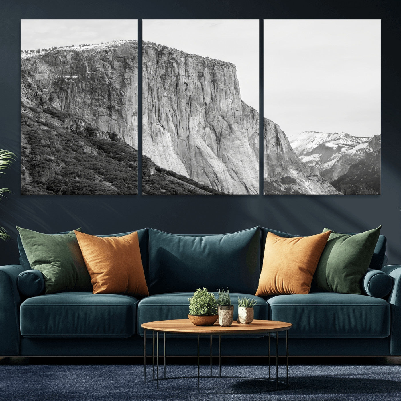 Monochrome canvas of El Capitan’s granite wall in Yosemite with snowy peaks, ideal for dramatic mountain or black-and-white nature decor.