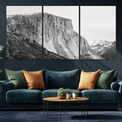Monochrome canvas of El Capitan’s granite wall in Yosemite with snowy peaks, ideal for dramatic mountain or black-and-white nature decor.