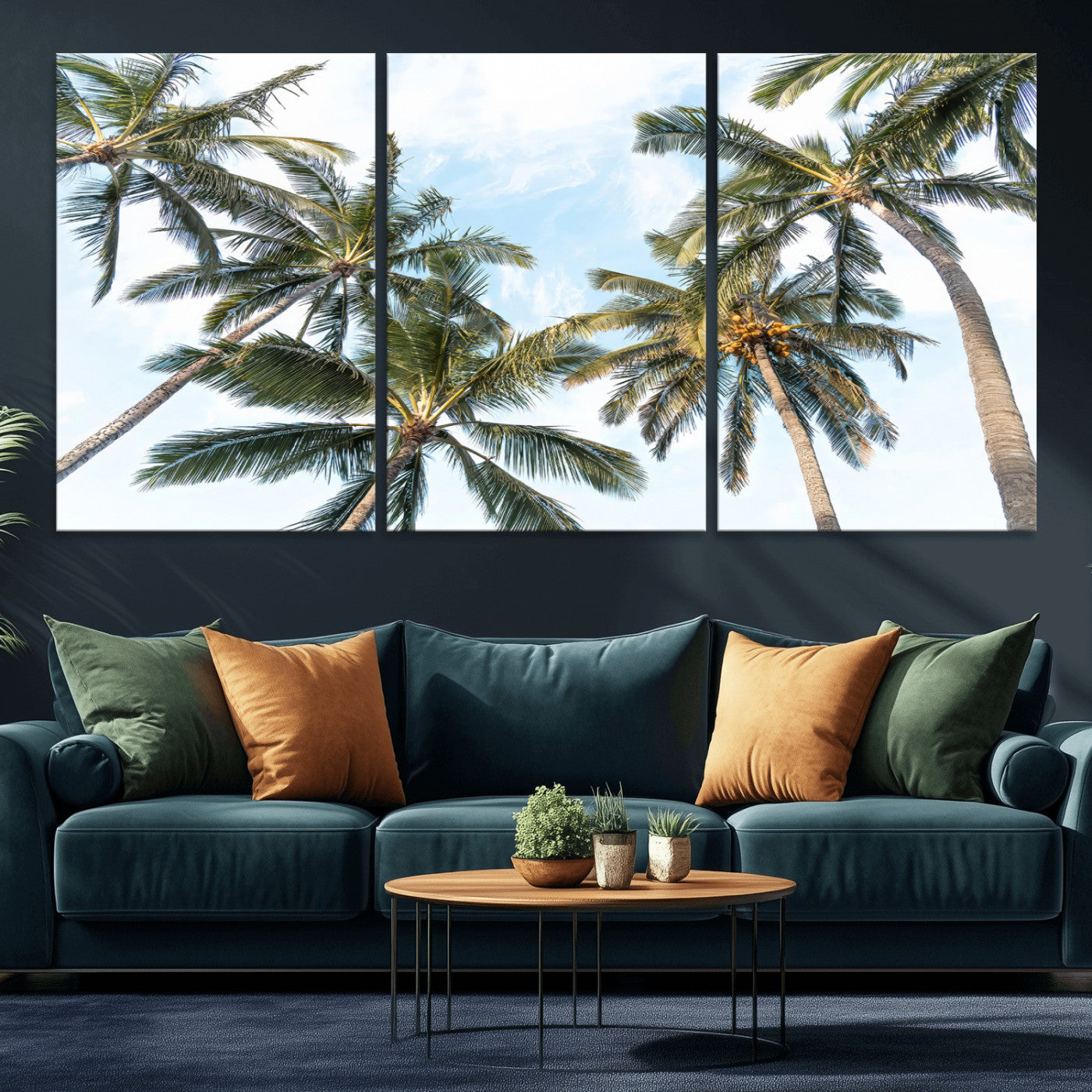 Framed canvas of tall palm trees reaching into a tropical sky, ideal for beach home or relaxed island-inspired wall decor.