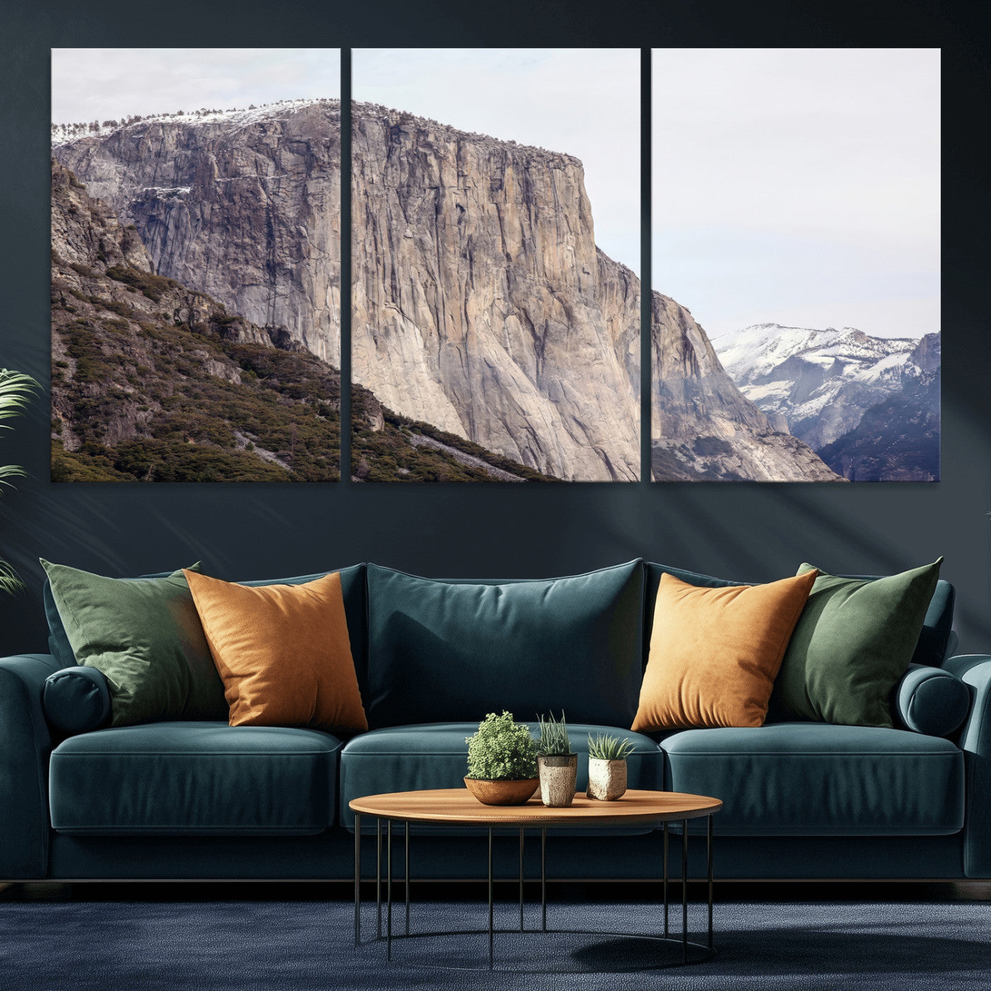Framed canvas of El Capitan’s vertical granite face in Yosemite with snowy peaks, ideal for Sierra minimalism or mountain-inspired decor.