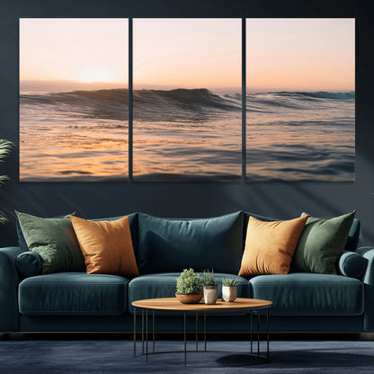 Framed canvas of ocean waves glowing in sunset light, ideal for golden hour calm or peaceful coastal-inspired wall decor.