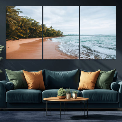Framed canvas of a tropical beach with palm trees and soft waves, ideal for coastal escape or serene nature-inspired home decor.