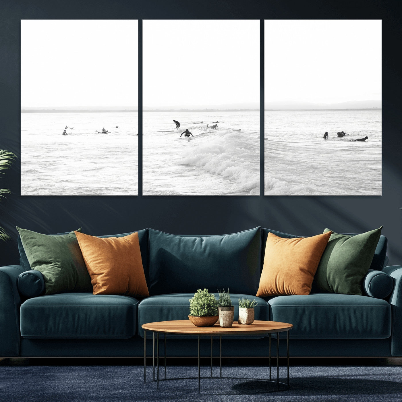 Monochrome photo of surfers riding and waiting on ocean waves, ideal for surf-themed or coastal energy wall decor.