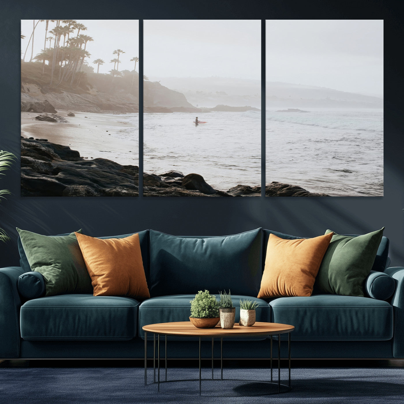 Framed canvas of a surfer in misty coastal tones at a foggy California beach, ideal for minimalist coastal beach or serene ocean-themed decor.
