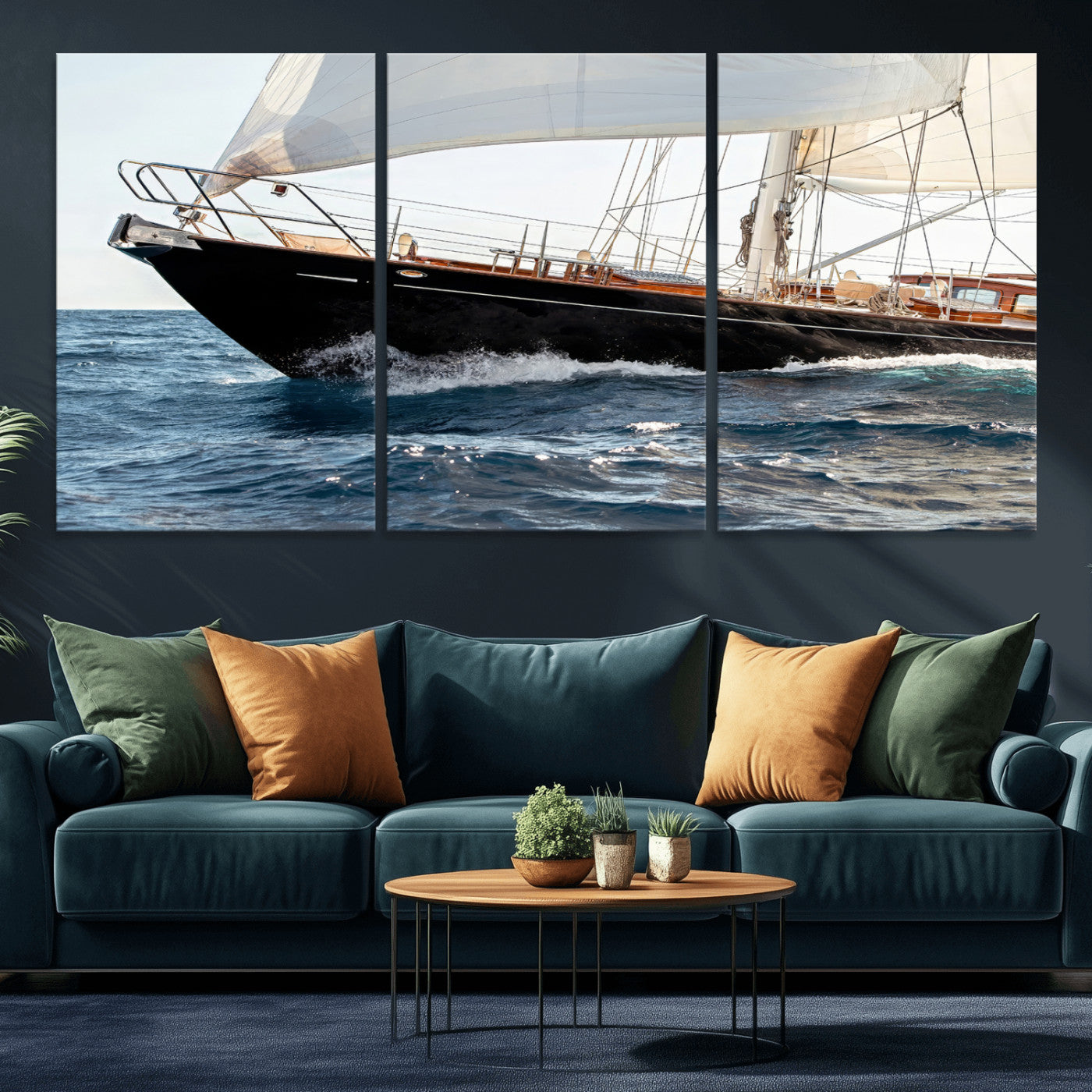 Close-up of a classic sailing yacht with wooden deck and full sails, perfect for nautical or coastal-style decor in ocean-themed spaces.