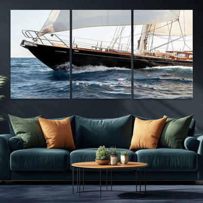 Close-up of a classic sailing yacht with wooden deck and full sails, perfect for nautical or coastal-style decor in ocean-themed spaces.