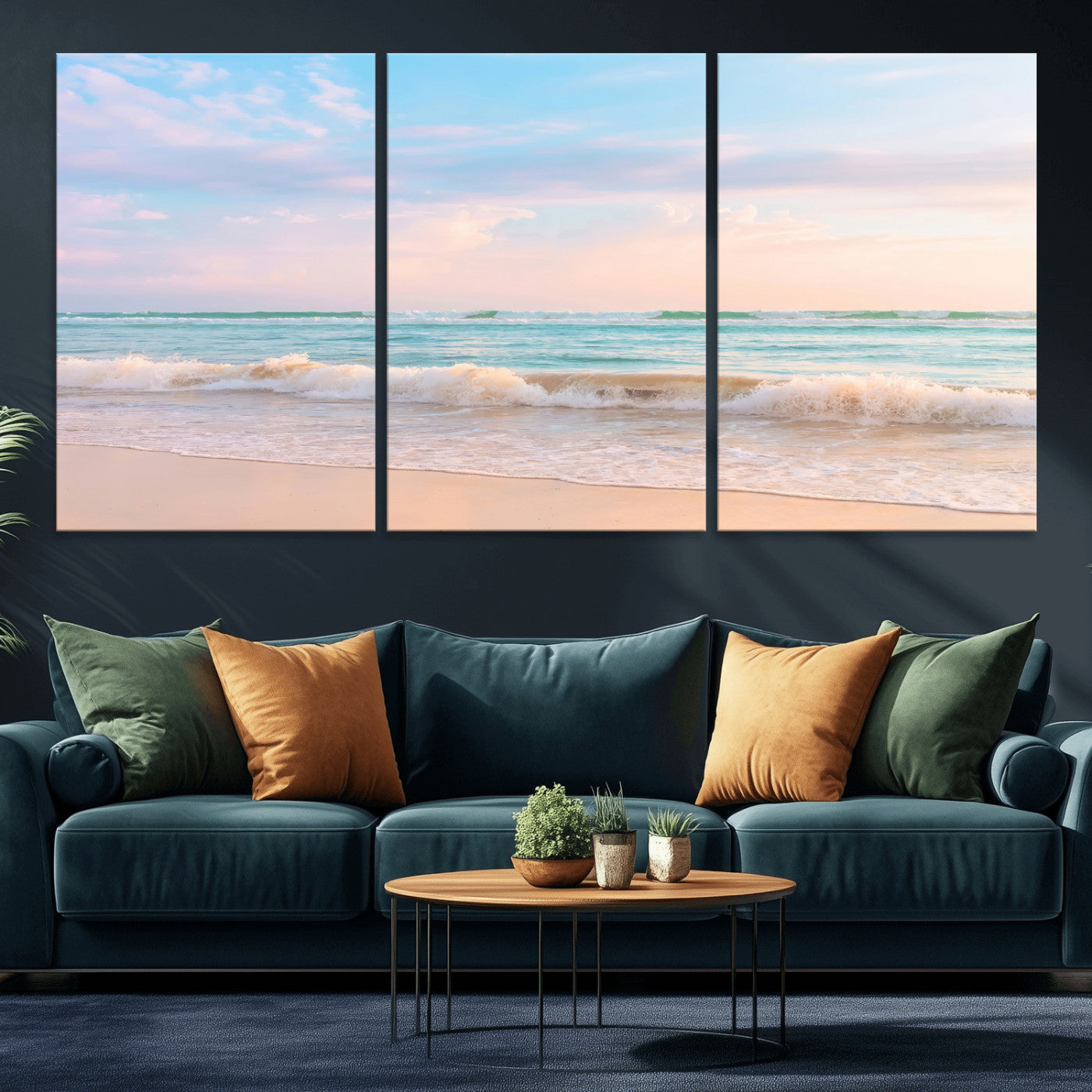 Pastel-toned ocean waves under soft sunset skies, ideal for pastel coastal or serene beach-style home decor.