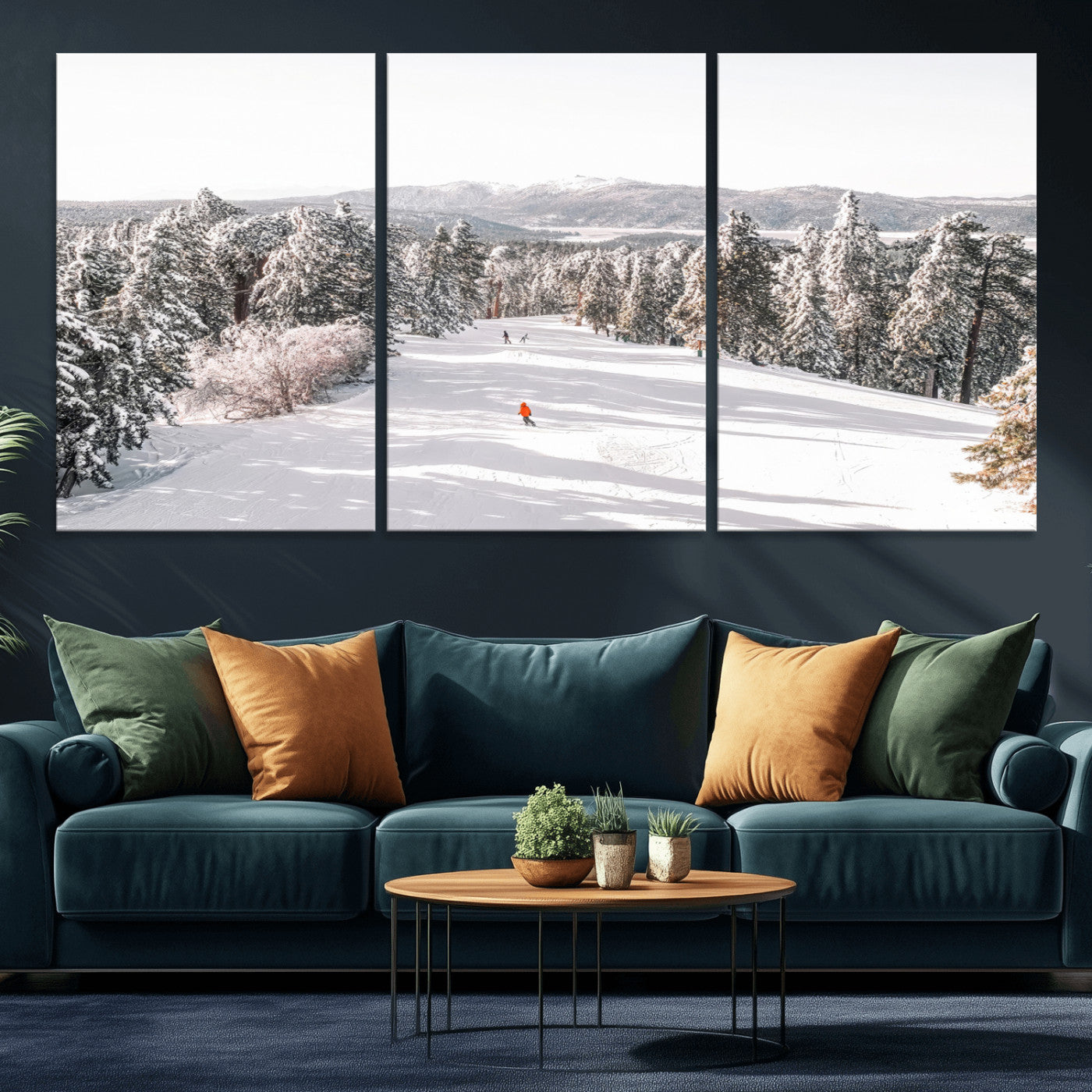 Bright ski trail lined with snow-covered pines and a skier in orange, perfect for alpine adventure or winter sports-inspired decor.