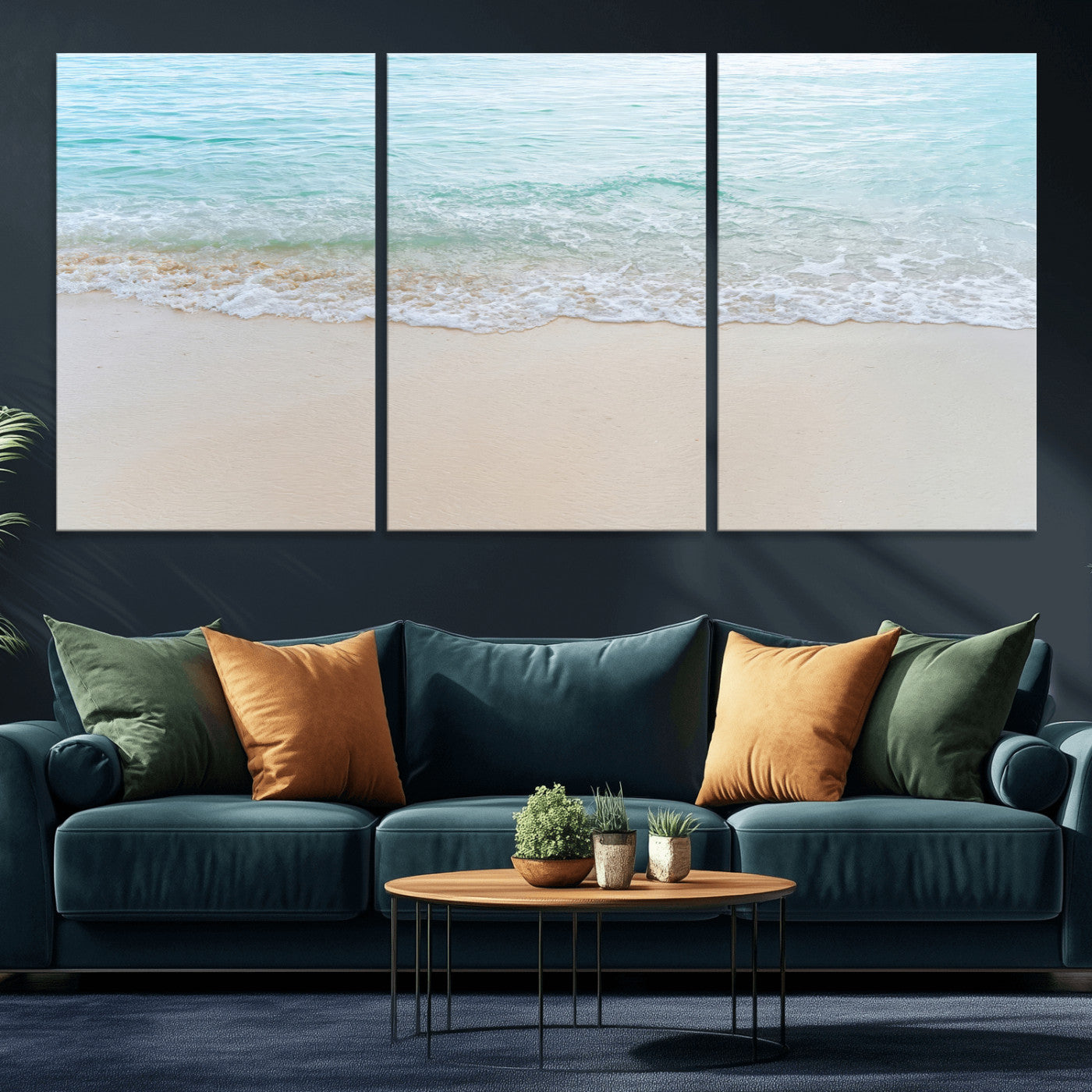 Soft shoreline with gentle aqua waves on smooth sand, ideal for minimalist coastal or pastel ocean-inspired home wall decor.
