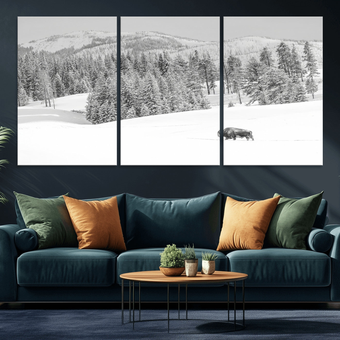 Snowy bison walking through white forest landscape, ideal for monochrome winter or wilderness-style interior wall decoration.