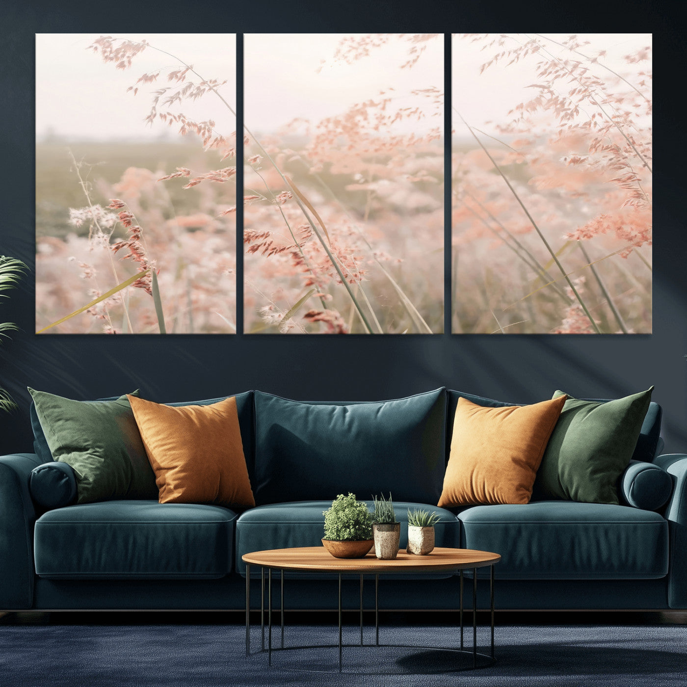 Soft pastel field with wild grasses in warm light, ideal for minimal nature or airy countryside-inspired interior wall decoration.