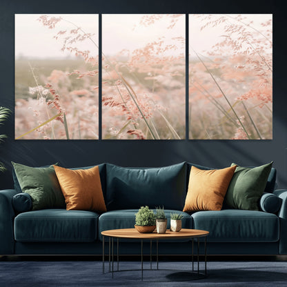 Soft pastel field with wild grasses in warm light, ideal for minimal nature or airy countryside-inspired interior wall decoration.