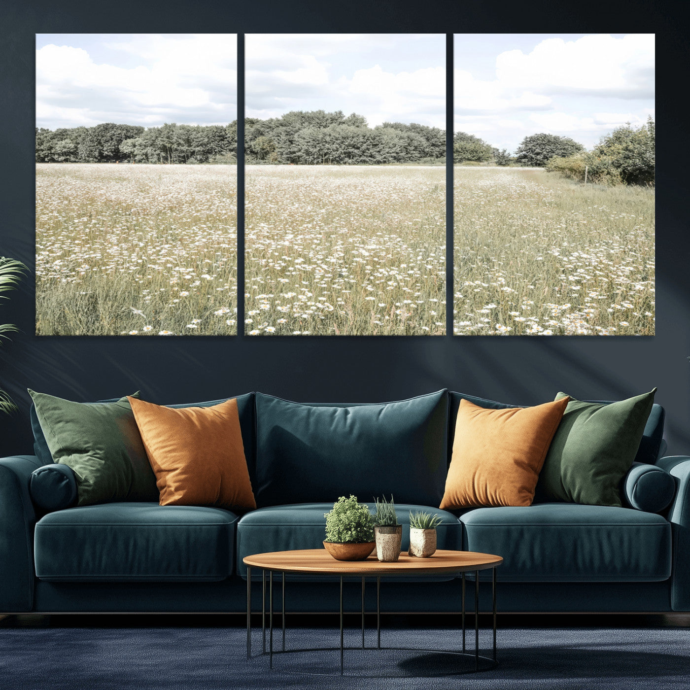 Soft-toned image of a wild daisy field under a cloudy sky, ideal for neutral or Scandinavian-inspired home decor.