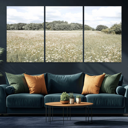 Soft-toned image of a wild daisy field under a cloudy sky, ideal for neutral or Scandinavian-inspired home decor.