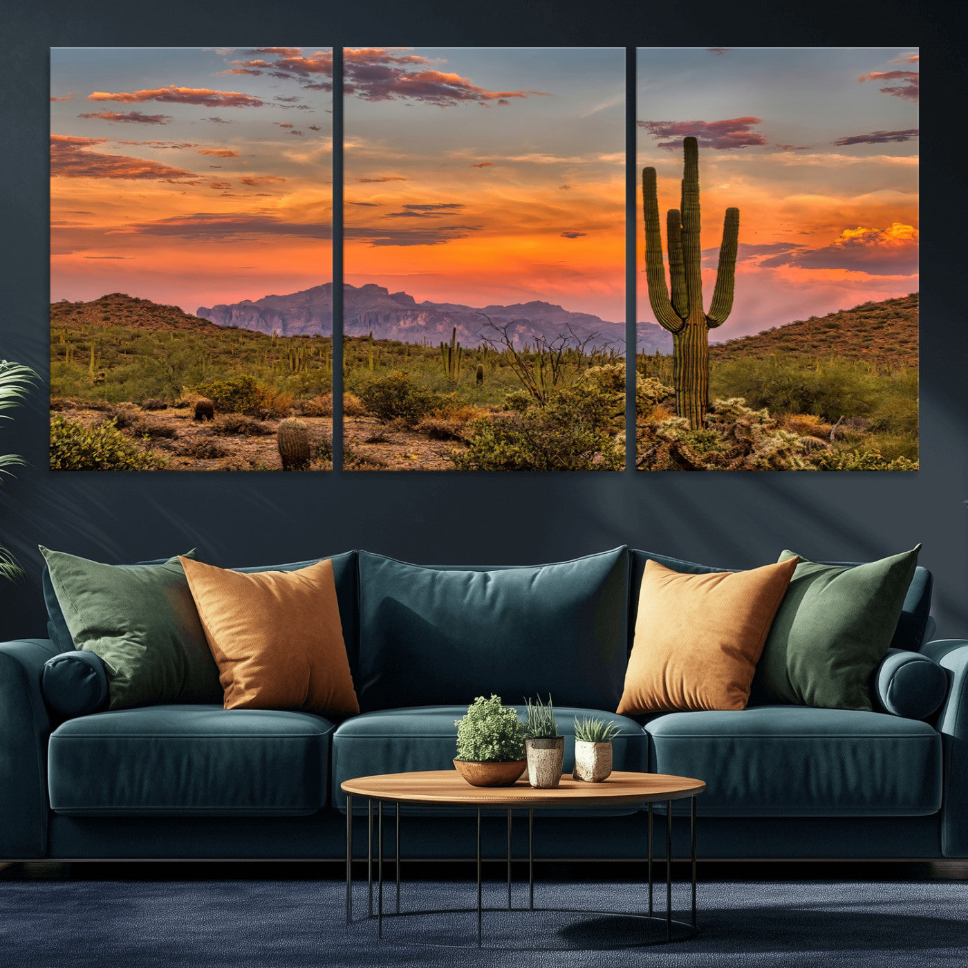 Vibrant desert sunset with saguaro cacti and distant mountains, perfect for Southwestern or warm-toned home decor.